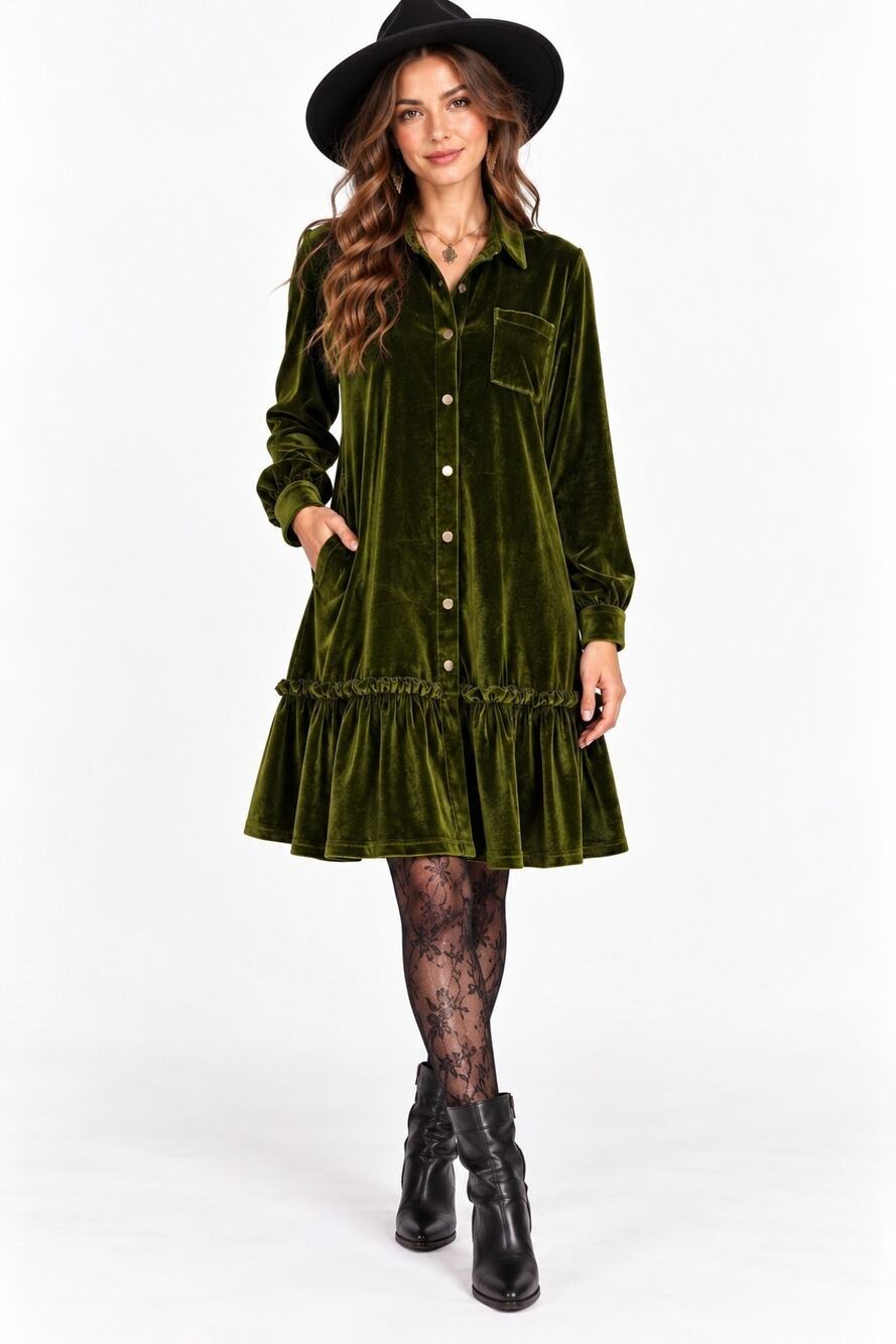 Whimsigoth Green Velvet Shirt Dress Women Small Ruffle Hem Dark Cottage Fairy